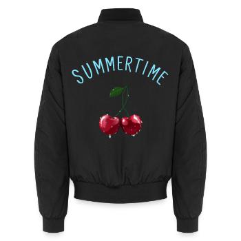 Summertime - Kirschen mit hellblauem Schriftzug - Unisex Bomberjacke - Schwarz - Hinten - AI Model Male 185 light (185cm)