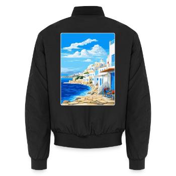 Mykonos Griechenland Vintage Reiseplakat Souvenir WPA - Unisex Bomberjacke - Schwarz - Hinten - AI Model Male 185 light (185cm)