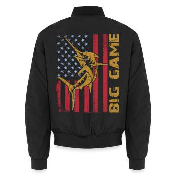 Jumping Marlin with US flag Deep Sea Fishing - Unisex Bomber Jacket - black - Back - AI Model Male 185 light (185cm)