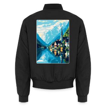 Hallstatt Lake Austria Vintage Travel Poster WPA - Unisex Bomber Jacket - black - Back - AI Model Male 185 light (185cm)