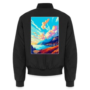 Bergen Norway Vintage Travel Poster WPA Souvenir - Unisex Bomber Jacket - black - Back - AI Model Male 185 light (185cm)