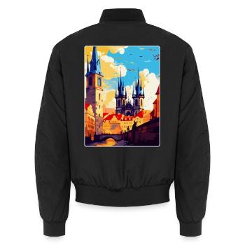 Prag Tschechische Republik Vintage Reiseplakat WPA - Unisex Bomberjacke - Schwarz - Hinten - AI Model Male 185 light (185cm)