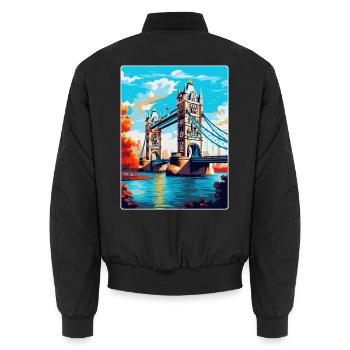 Tower Bridge England Uk Reise Poster Souvenir WPA - Unisex Bomberjacke - Schwarz - Hinten - AI Model Male 185 light (185cm)
