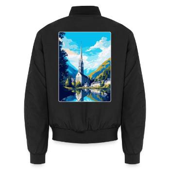 Lourdes Frankreich Vintage Reiseplakat Souvenir WPA - Unisex Bomberjacke - Schwarz - Hinten - AI Model Male 185 light (185cm)