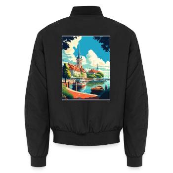 Rügeninsel Deutschland Vintage Reiseposter WPA Kunst - Unisex Bomberjacke - Schwarz - Hinten - AI Model Male 185 light (185cm)