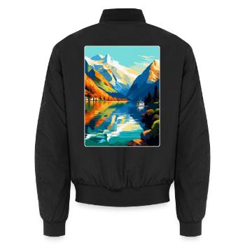 Souvenir de l’affiche de voyage vintage des fjords de Norvège - Bomber unisexe - noir - Dos - AI Model Male 185 light (185cm)