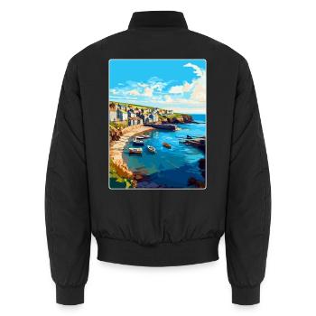 Port Issac, England, Vereinigtes Königreich, Reiseposter, Souvenir, WPA - Unisex Bomberjacke - Schwarz - Hinten - AI Model Male 185 light (185cm)