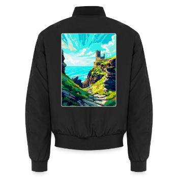 Tintagel Castle England Uk Travel Poster Souvenir - Unisex Bomber Jacket - black - Back - AI Model Male 185 light (185cm)