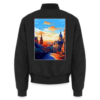 Edinburgh Scotland Uk Travel Poster Souvenir WPA - Unisex Bomber Jacket - black - Back - AI Model Male 185 light (185cm)
