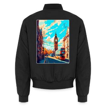 London England Uk Vintage Reise Poster Souvenir - Unisex Bomberjacke - Schwarz - Hinten - AI Model Male 185 light (185cm)