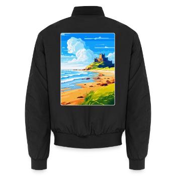 Bamburgh Castle England Uk Reise Poster Souvenir - Unisex Bomberjacke - Schwarz - Hinten - AI Model Male 185 light (185cm)