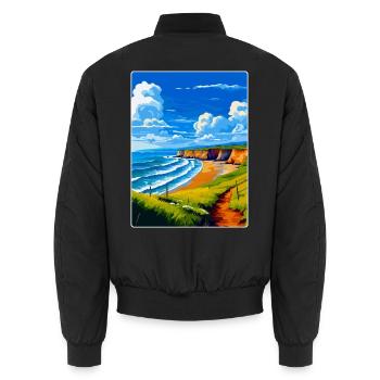 North Devon Vintage Travel Poster Souvenir WPA - Unisex Bomber Jacket - black - Back - AI Model Male 185 light (185cm)