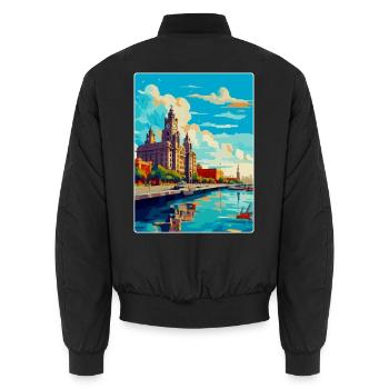 Liverpool Uk Vintage Reise Poster Souvenir WPA - Unisex Bomberjacke - Schwarz - Hinten - AI Model Male 185 light (185cm)
