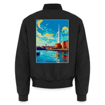 Portsmouth Uk Vintage Reise Poster Souvenir WPA - Unisex Bomberjacke - Schwarz - Hinten - AI Model Male 185 light (185cm)