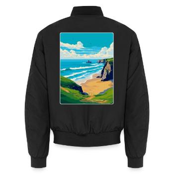Bedruthan Steps Cornwall England Uk Reiseplakat - Unisex Bomberjacke - Schwarz - Hinten - AI Model Male 185 light (185cm)