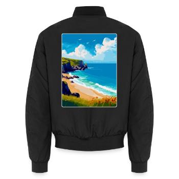 Porthcurno Beach, Cornwall, England, Vereinigtes Königreich, Reiseplakat - Unisex Bomberjacke - Schwarz - Hinten - AI Model Male 185 light (185cm)