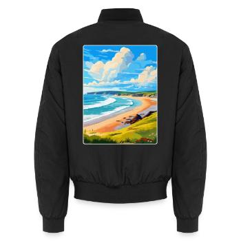 Woolacombe Devon Vintage Travel Poster Souvenir - Unisex Bomber Jacket - black - Back - AI Model Male 185 light (185cm)