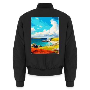Shetland Écosse Royaume-Uni Affiche de voyage vintage WPA Art - Bomber unisexe - noir - Dos - AI Model Male 185 light (185cm)