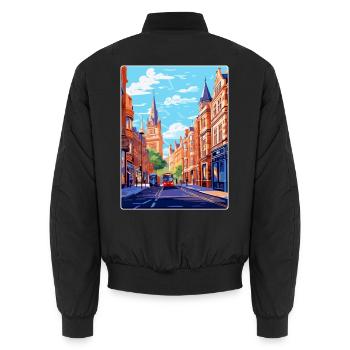 Oxford Street England Uk Vintage Travel Poster WPA - Unisex Bomber Jacket - black - Back - AI Model Male 185 light (185cm)