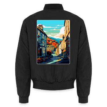 Hebden Bridge Angleterre Royaume-Uni Affiche de voyage vintage WPA - Bomber unisexe - noir - Dos - AI Model Male 185 light (185cm)