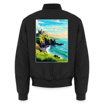 Dunluce Castle Ireland Uk Vintage Travel Poster - Unisex Bomber Jacket - black - Back - AI Model Male 185 light (185cm)