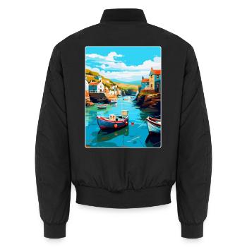 Port Issac England Uk Vintage Reiseposter WPA - Unisex Bomberjacke - Schwarz - Hinten - AI Model Male 185 light (185cm)