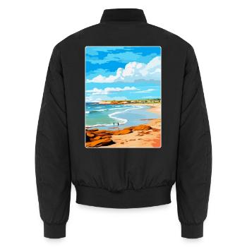 Porthcawl Bay Uk Vintage Travel Poster Souvenir - Unisex Bomber Jacket - black - Back - AI Model Male 185 light (185cm)