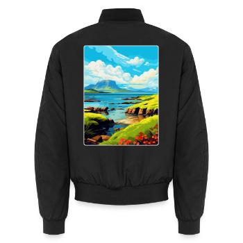Isle Of Eigg Schottland Vereinigtes Königreich Vintage Reiseposter WPA - Unisex Bomberjacke - Schwarz - Hinten - AI Model Male 185 light (185cm)