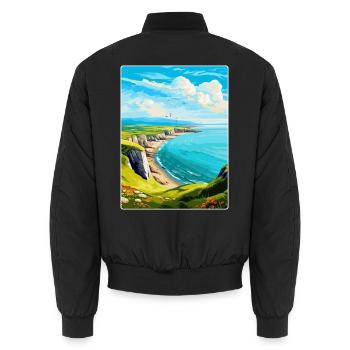 Great Orme Wales Uk Vintage Travel Poster Souvenir - Unisex Bomber Jacket - black - Back - AI Model Male 185 light (185cm)