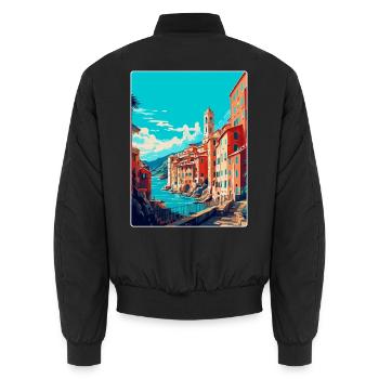 Genoa Italy Vintage Travel Poster WPA Art Souvenir - Unisex Bomber Jacket - black - Back - AI Model Male 185 light (185cm)