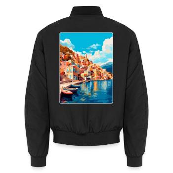 Symi Grèce Affiche de voyage vintage WPA Art Souvenir - Bomber unisexe - noir - Dos - AI Model Male 185 light (185cm)