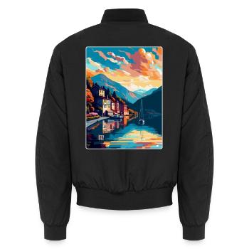 Mondsee Österreich Vintage Reiseplakat Souvenir WPA - Unisex Bomberjacke - Schwarz - Hinten - AI Model Male 185 light (185cm)