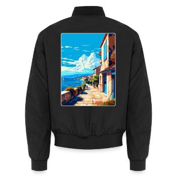Ayvalik Türkei Vintage Reiseplakat Souvenir WPA - Unisex Bomberjacke - Schwarz - Hinten - AI Model Male 185 light (185cm)