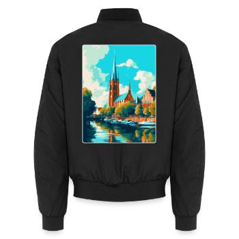 Lubeck Germany Vintage Travel Poster Souvenir WPA - Unisex Bomber Jacket - black - Back - AI Model Male 185 light (185cm)