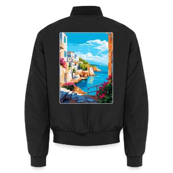 Rhodes Greece Vintage Travel Poster WPA Souvenir - Unisex Bomber Jacket - black - Back - AI Model Male 185 light (185cm)