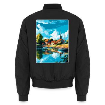 Ronneby Suède Affiche de voyage vintage Souvenir WPA - Bomber unisexe - noir - Dos - AI Model Male 185 light (185cm)