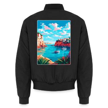 Minorque Espagne Affiche de voyage vintage WPA Souvenir - Bomber unisexe - noir - Dos - AI Model Male 185 light (185cm)