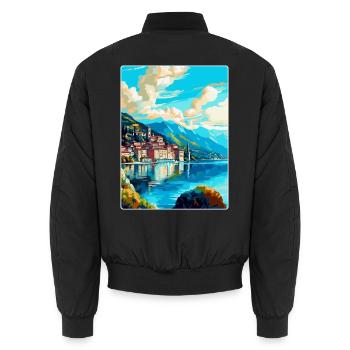 Lugano Schweiz Vintage Reiseplakat Souvenir - Unisex Bomberjacke - Schwarz - Hinten - AI Model Male 185 light (185cm)