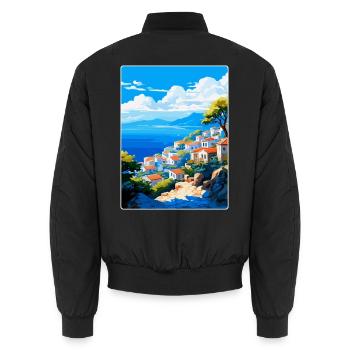 Hydra Greece Vintage Travel Poster WPA Souvenir - Unisex Bomber Jacket - black - Back - AI Model Male 185 light (185cm)