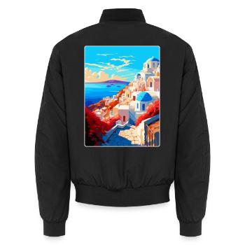 Santorini Griechenland Vintage Reiseplakat Souvenir - Unisex Bomberjacke - Schwarz - Hinten - AI Model Male 185 light (185cm)