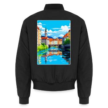 Ljubljana Slowenien Vintage Reiseplakat Souvenir - Unisex Bomberjacke - Schwarz - Hinten - AI Model Male 185 light (185cm)