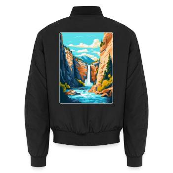 Foroglio Falls Schweiz Vintage Reiseplakat - Unisex Bomberjacke - Schwarz - Hinten - AI Model Male 185 light (185cm)