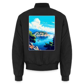 Vis Island Croatia Vintage Travel Poster Souvenir - Unisex Bomber Jacket - black - Back - AI Model Male 185 light (185cm)