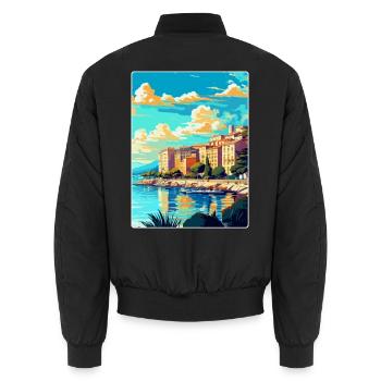 Cannes France Vintage Travel Poster WPA Souvenir - Unisex Bomber Jacket - black - Back - AI Model Male 185 light (185cm)