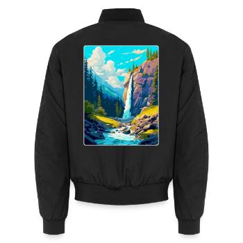 Trummelbachfälle Schweiz Reiseplakat WPA - Unisex Bomberjacke - Schwarz - Hinten - AI Model Male 185 light (185cm)