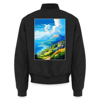 Berg Pilion Griechenland Vintage Reiseplakat Souvenir - Unisex Bomberjacke - Schwarz - Hinten - AI Model Male 185 light (185cm)