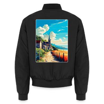 Normandy France Vintage Travel Poster Souvenir WPA - Unisex Bomber Jacket - black - Back - AI Model Male 185 light (185cm)