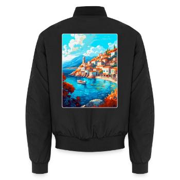 Hydra Greece Vintage Travel Poster WPA Souvenir - Unisex Bomber Jacket - black - Back - AI Model Male 185 light (185cm)