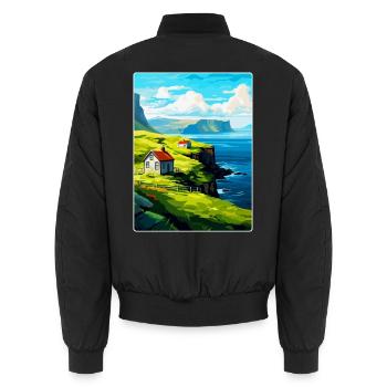 Faroe Islands Denmark Vintage Travel Poster WPA - Unisex Bomber Jacket - black - Back - AI Model Male 185 light (185cm)