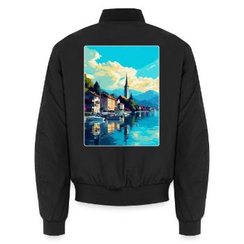 Bregenz Autriche Affiche de voyage vintage souvenir WPA - Bomber unisexe - noir - Dos - AI Model Male 185 light (185cm)